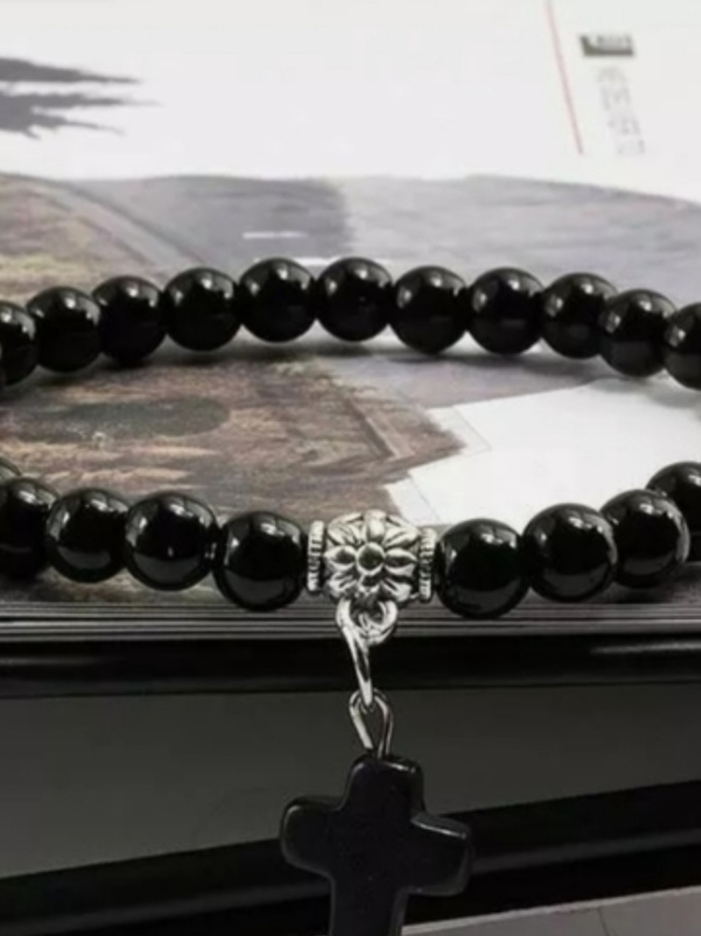 Black Beaded  Bracelet with Cross Charm 7.8 inches